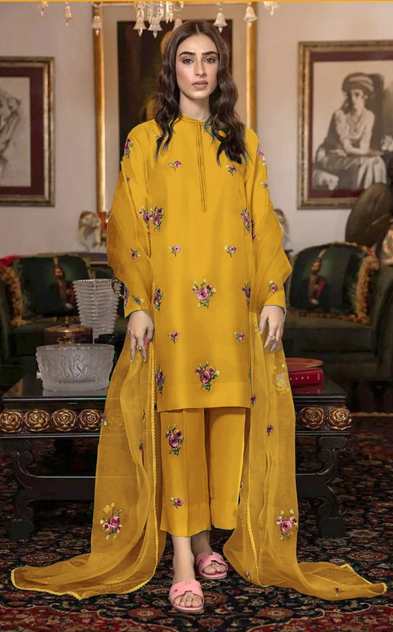 ZAINAB CHOTTANI | FANCY IMPORTED SHAMOOZ SILK 3 PIECE EMB UNSTICHED SUIT FOR WINTER 2025-2026 MUSTURD