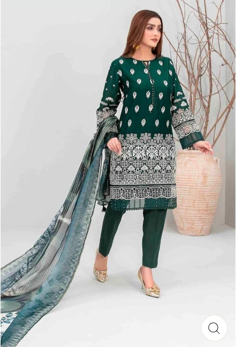 3 Piece Stitched Lawn Schiffli Embroidered Suit - Medium