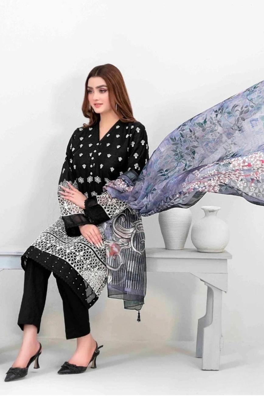 3 Piece Stitched Lawn Schiffli Embroidered Suit - Medium