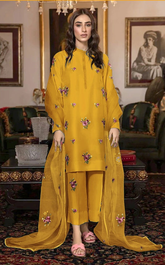 ZAINAB CHOTTANI | FANCY IMPORTED SHAMOOZ SILK 3 PIECE EMB UNSTICHED SUIT FOR WINTER 2025-2026 MUSTURD