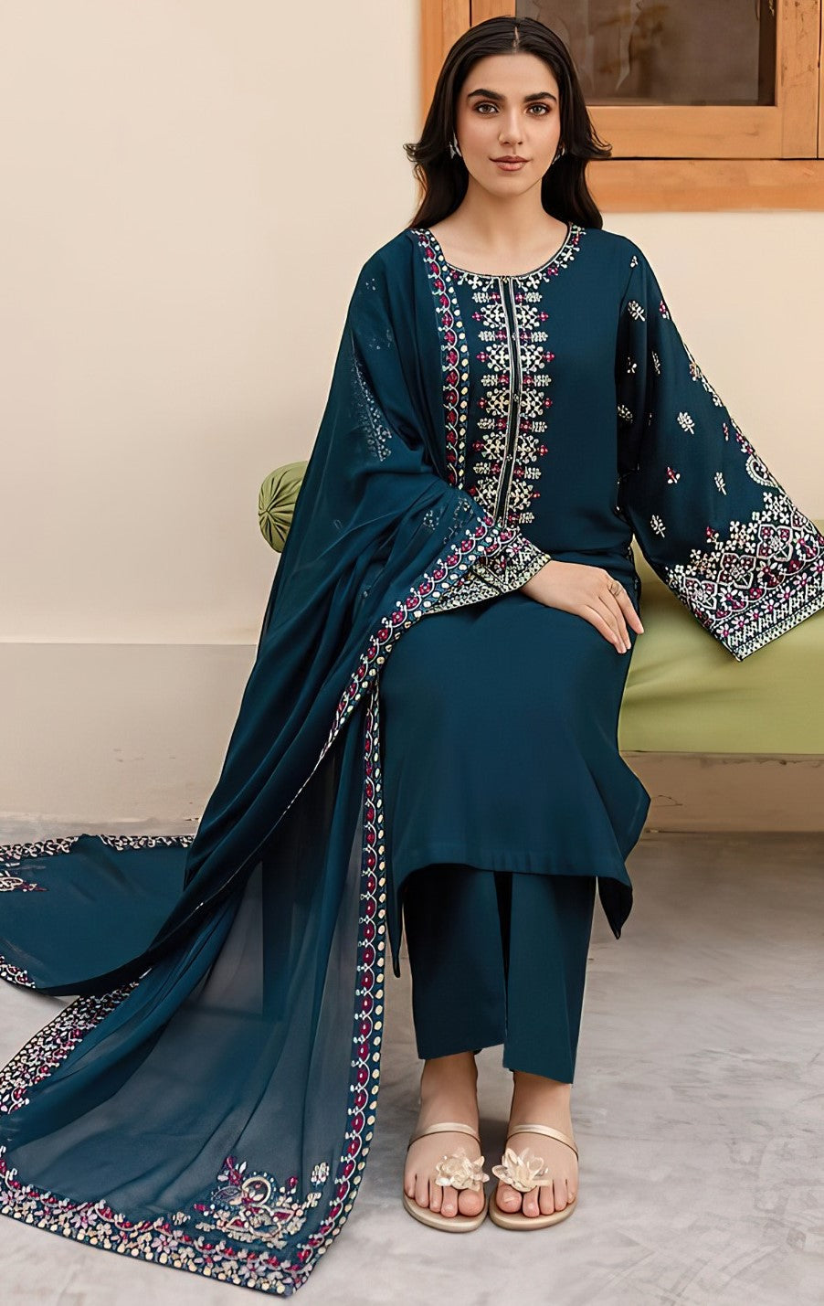 MARIA.B DHANAK 3 PEACE FULL HEAVY EMB SUIT WITH HEAVY EMB SHAWL FOR WINTER 2025-2026