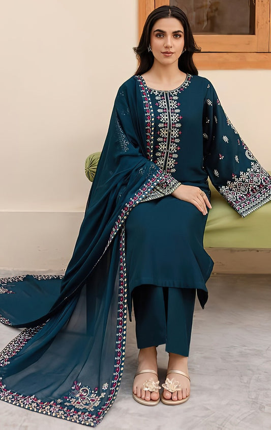 MARIA.B DHANAK 3 PEACE FULL HEAVY EMB SUIT WITH HEAVY EMB SHAWL FOR WINTER 2025-2026
