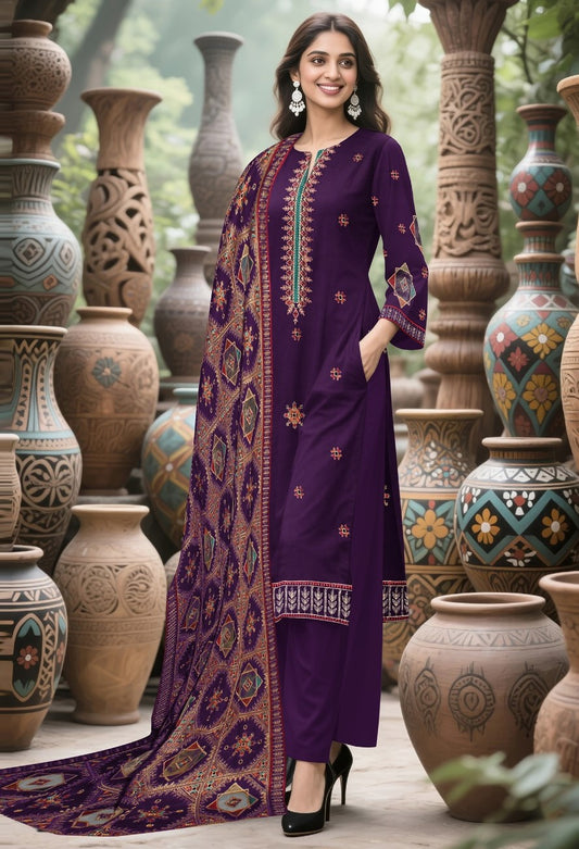 BAREEZE DHANAK 3 PEACE FULL HEAVY EMB SUIT WITH HEAVY EMB SHAWL FOR WINTER 2025-2026