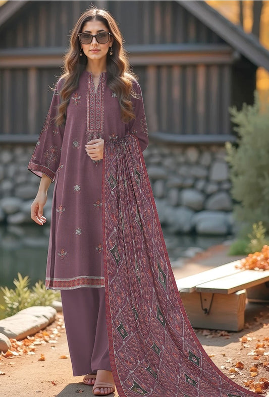 BAREEZE DHANAK 3 PEACE FULL HEAVY EMB SUIT WITH HEAVY EMB SHAWL FOR WINTER 2025-2026