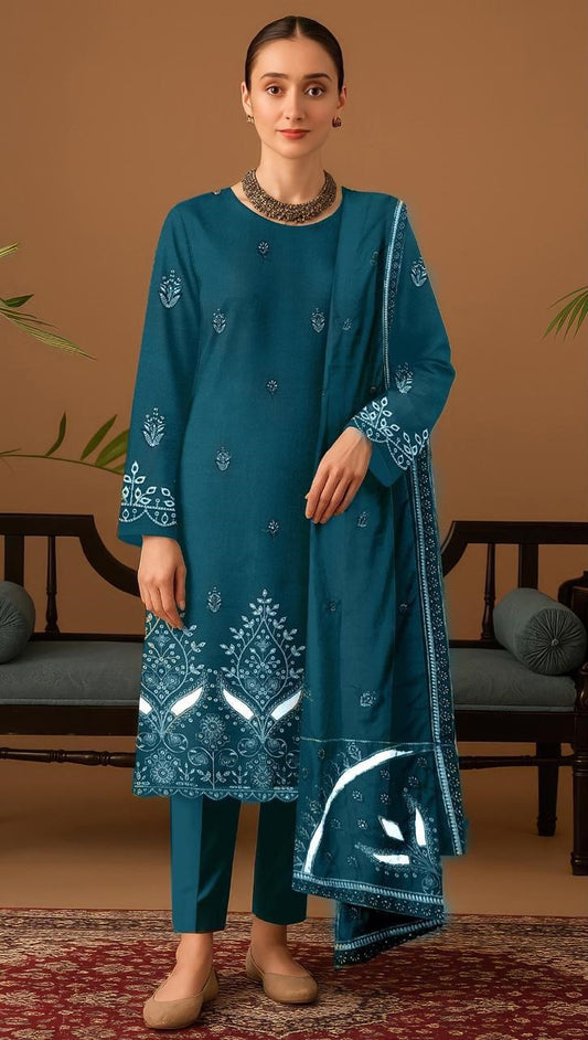 BAREEZE DHANAK 3 PEACE FULL HEAVY EMB SUIT WITH HEAVY EMB SHAWL FOR WINTER 2025-2026
