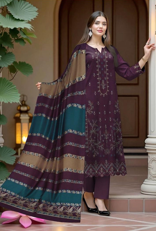 BAREEZE DHANAK 3 PEACE FULL HEAVY EMB SUIT WITH HEAVY EMB SHAWL FOR WINTER 2025-2026