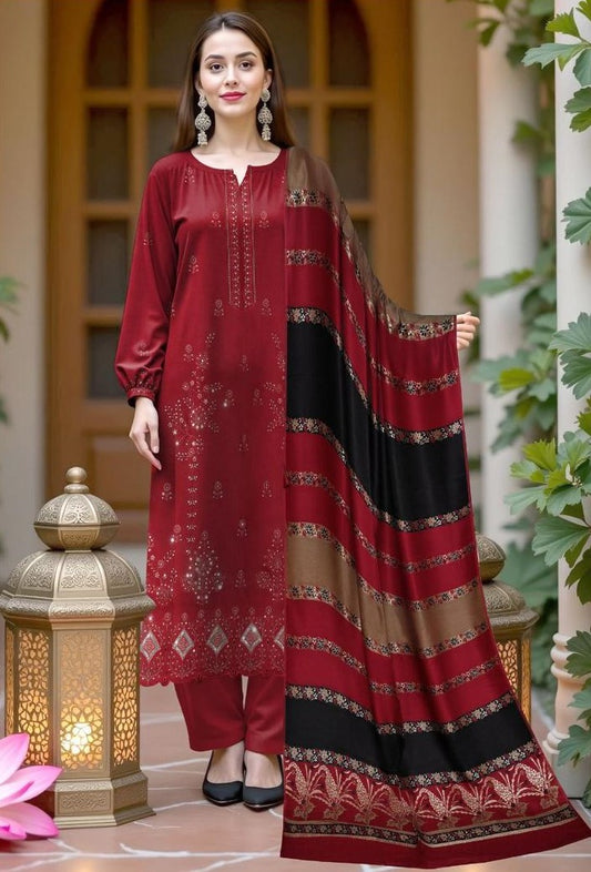 BAREEZE DHANAK 3 PEACE FULL HEAVY EMB SUIT WITH HEAVY EMB SHAWL FOR WINTER 2025-2026