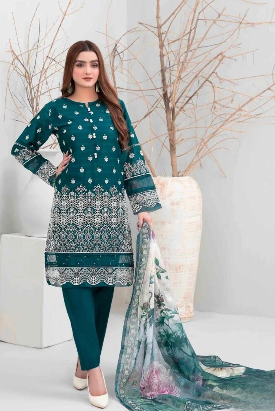 3 Piece Stitched Lawn Schiffli Embroidered Suit - Medium