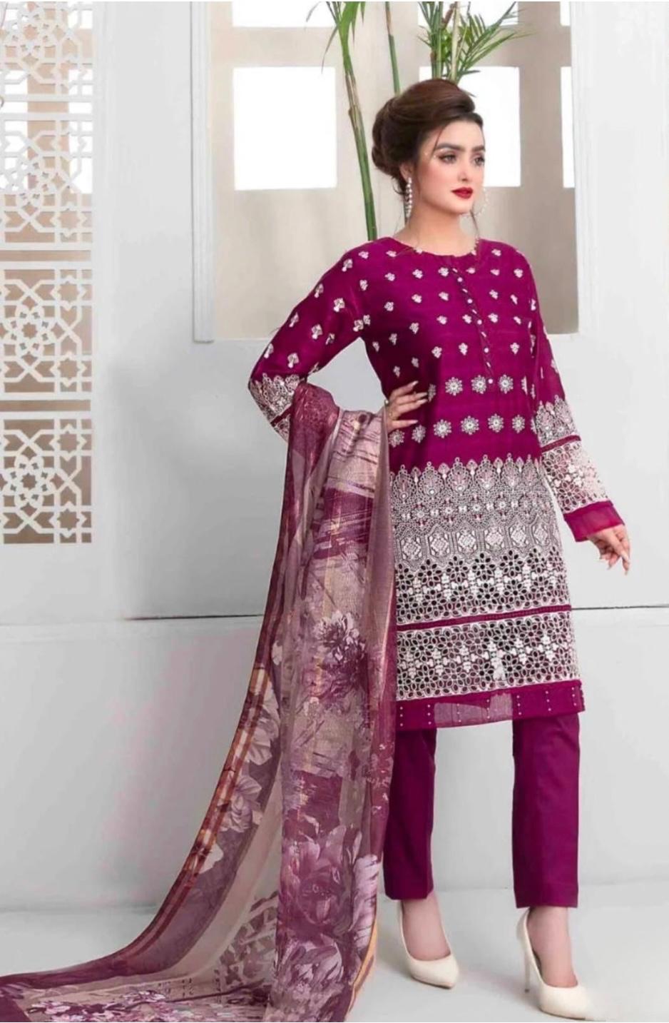 3 Piece Stitched Lawn Schiffli Embroidered Suit - Medium
