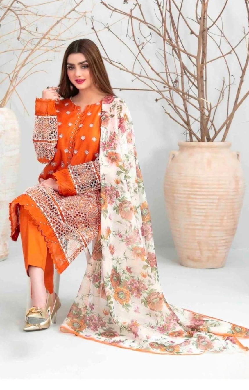 3 Piece Stitched Lawn Schiffli Embroidered Suit - Medium