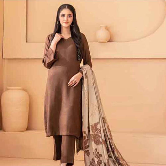 Peach Leather Unstitched 3 Piece Suit - Winter Collection