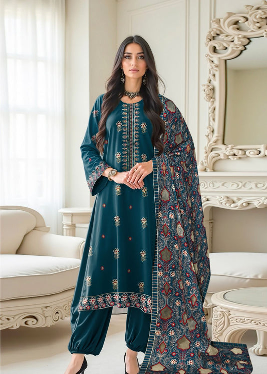 BAREEZE DHANAK 3 PEACE FULL HEAVY EMB SUIT WITH HEAVY EMB SHAWL FOR WINTER 2025-2026